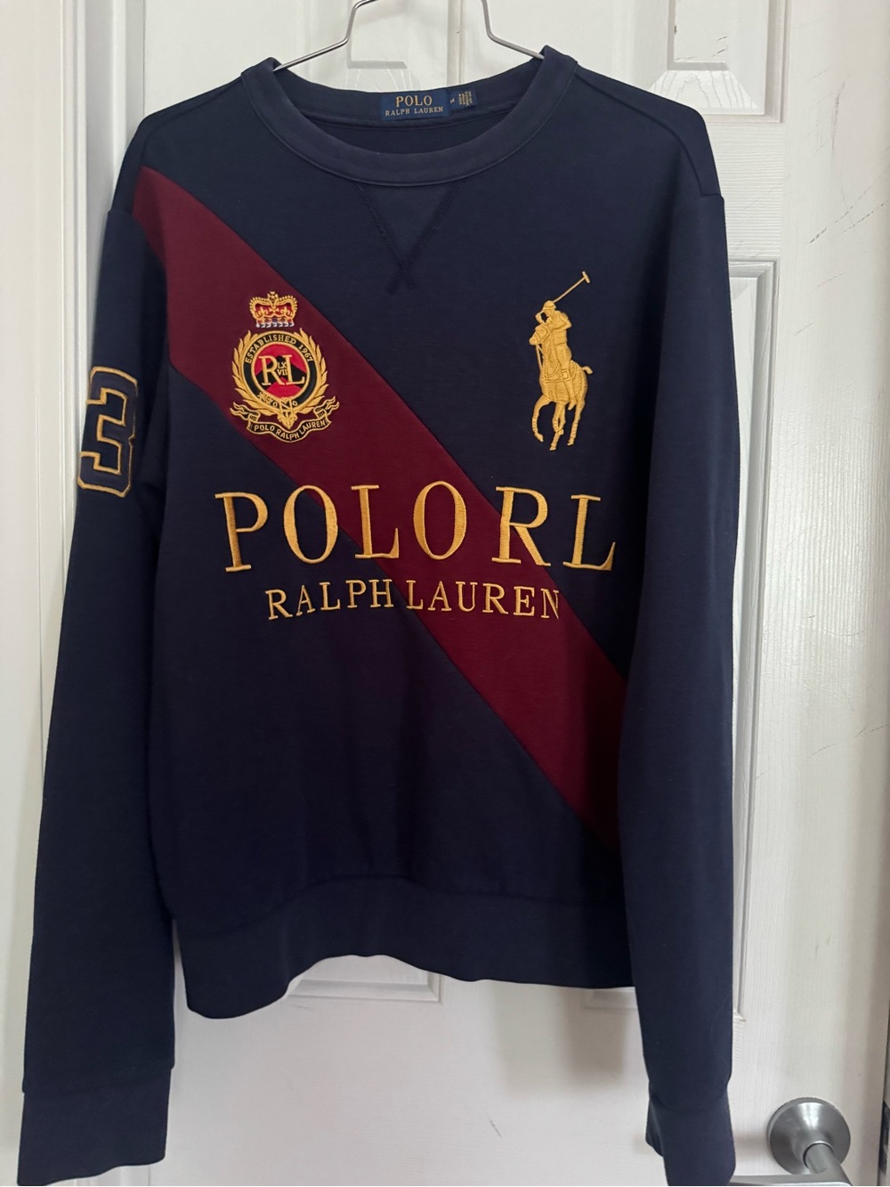 Ralph Lauren Navy, Burgundy & Gold Crest Crewneck Sweatshirt
